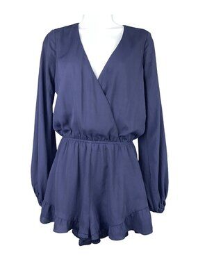 Show Me Your Mumu Navy Long Sleeve Chiffon Surplice Romper With Ruffle size M